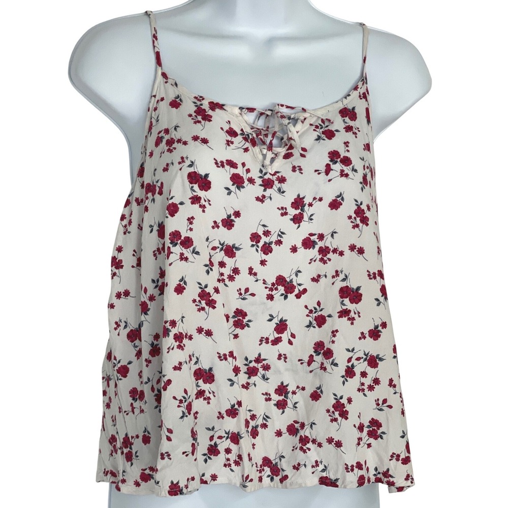 Hollister Womens Cami Top Floral Lace Up V-Neck S White Red Boho Coquette Boho